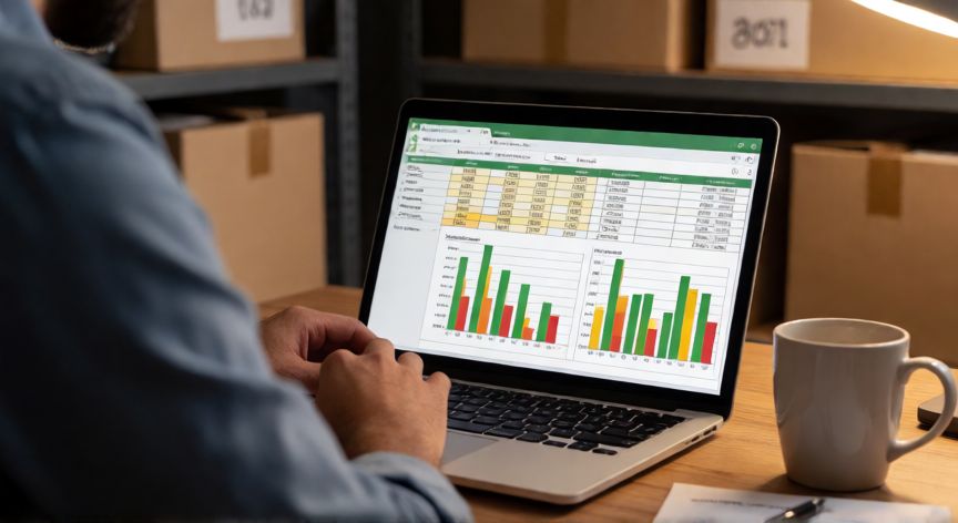 excel en inventarios, Responsable de almacén revisando hoja de Excel con tabla de inventarios y gráficos de stock en el ordenador