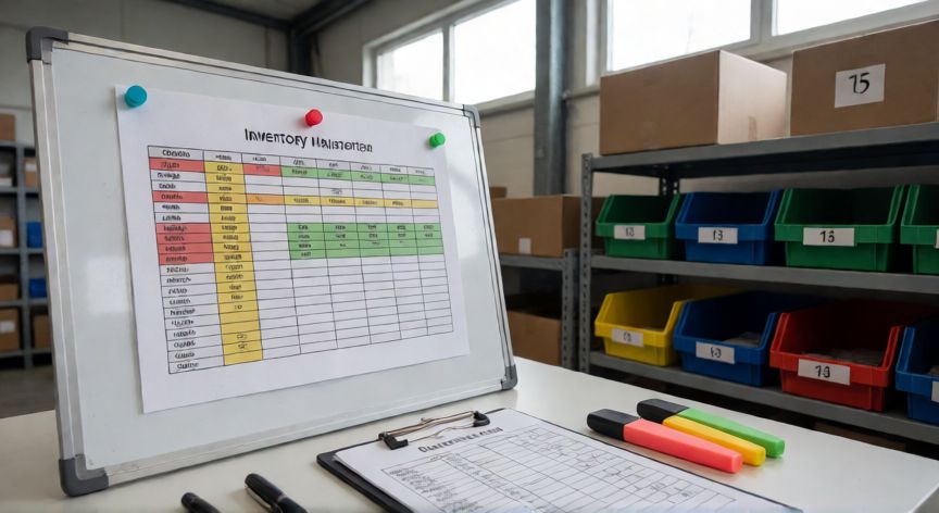 excel en inventarios, Pizarra con hoja de inventario impresa con formato condicional junto a estantería de almacén y hoja de conteo físico