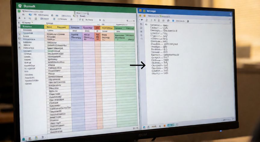 excel en txt, Comparación visual entre hoja de Excel formateada y su equivalente en texto plano