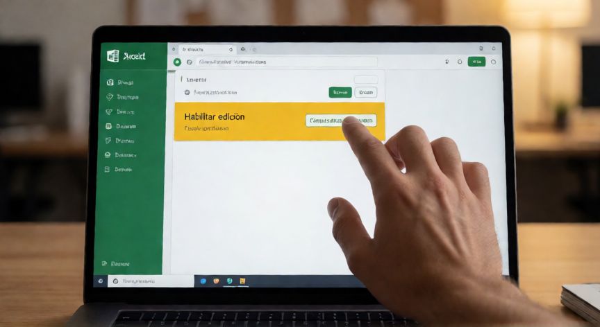 excel en vista protegida, Mano pulsando el botón Habilitar edición en la franja amarilla de Vista Protegida de Excel
