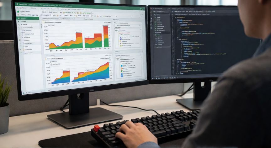 excel en visual basic, Programador trabajando con VBA y hojas de cálculo de Excel en un escritorio con doble monitor