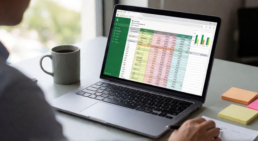 excel en web, Person using Excel in web browser on a laptop at a modern office desk