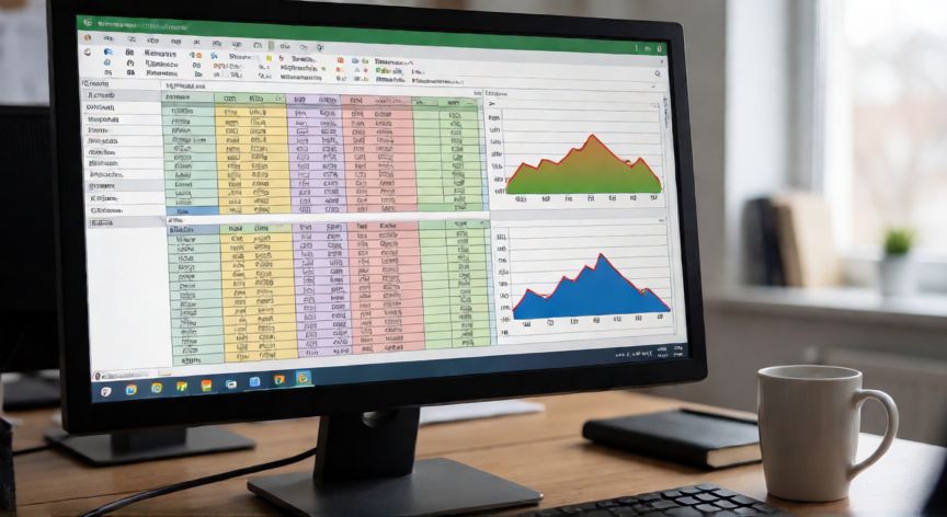 excel en windows 7, Pantalla de un ordenador con Windows 7 mostrando una hoja de cálculo de Excel con tablas y gráficos