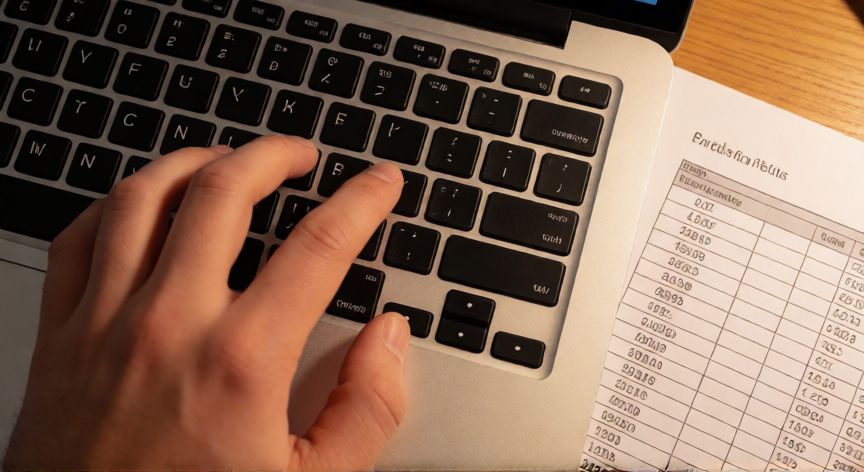 excel en word convertir, Manos en el teclado de un portátil presionando Ctrl+V con una hoja de cálculo impresa al lado