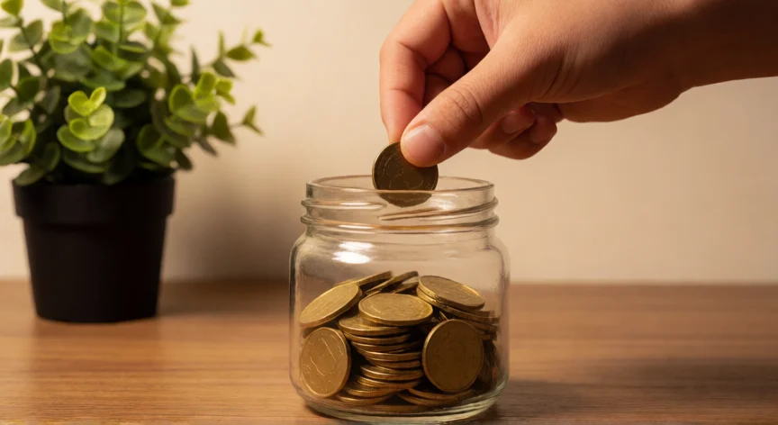  fondo para invertir  2026, Mano depositando una moneda en un frasco de ahorro, símbolo de la inversión periódica y constante para 2026