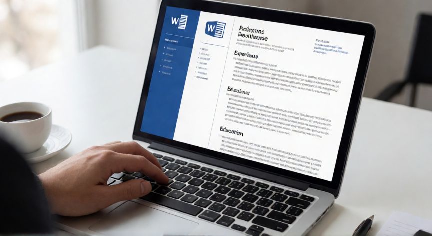 formato en word hoja de vida, Persona editando una hoja de vida profesional en Microsoft Word en un portátil sobre escritorio de oficina