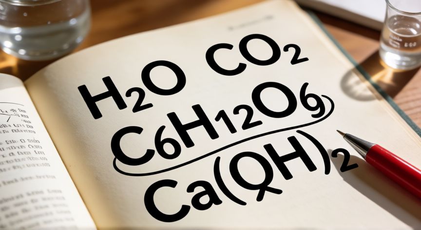 Página de libro de química con fórmulas químicas H2O, CO2 y C6H12O6 mostrando símbolos y subíndices