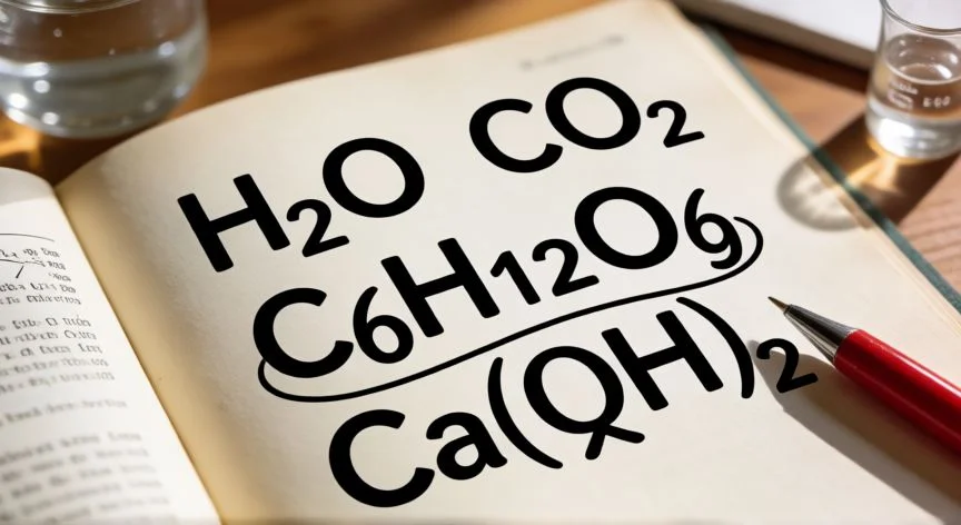 Página de libro de química con fórmulas químicas H2O, CO2 y C6H12O6 mostrando símbolos y subíndices