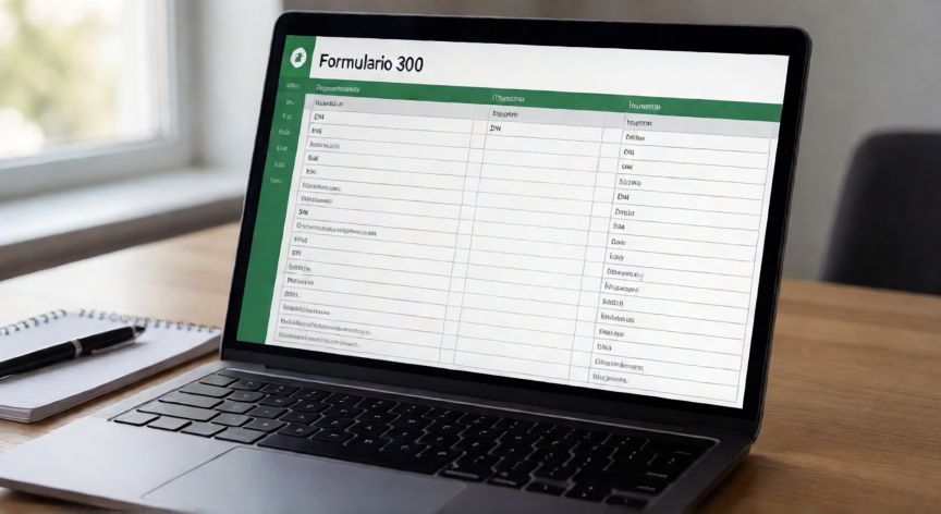 formulario en excel 300, Pantalla de laptop mostrando un formulario en Excel con el encabezado Formulario 300 y campos de datos estructurados
