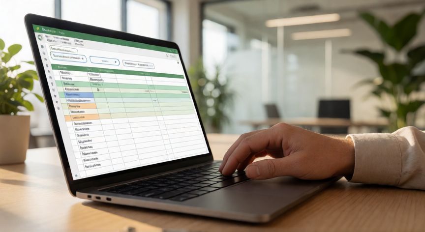 formulario en excel 300, Persona completando un formulario validado en Excel con listas desplegables y celdas de color en una oficina moderna