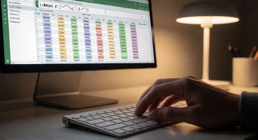 formulas en excel 365, Manos escribiendo una función LAMBDA en la barra de fórmulas de Excel 365 con resultados dinámicos en pantalla