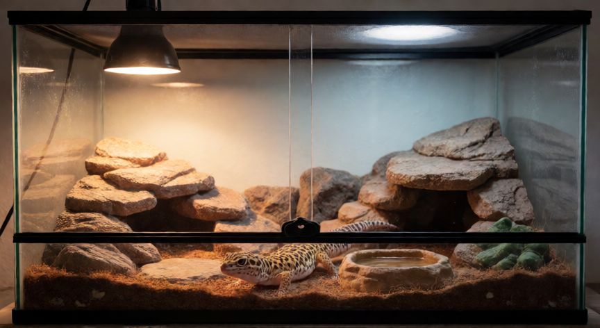 gecko cuidados mascota, Terrario equipado con gradiente térmico para gecko