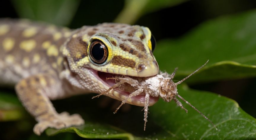 gecko cuidados mascota, Gecko comiendo un grillo suplementado con calcio
