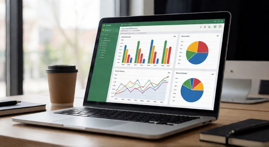 graficos en excel y sus tipos, Portátil con hoja de cálculo de Excel mostrando varios tipos de gráficos en un panel de datos