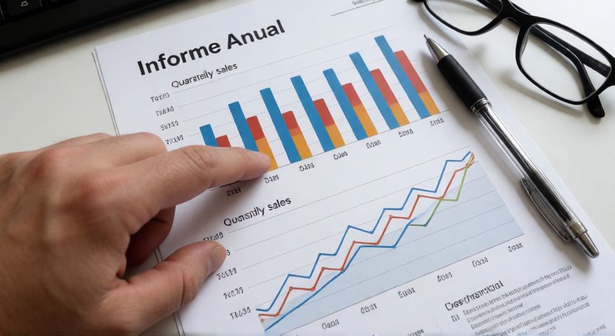 graficos en excel y sus tipos, Manos señalando un informe impreso con gráfico de barras y de líneas sobre ventas trimestrales