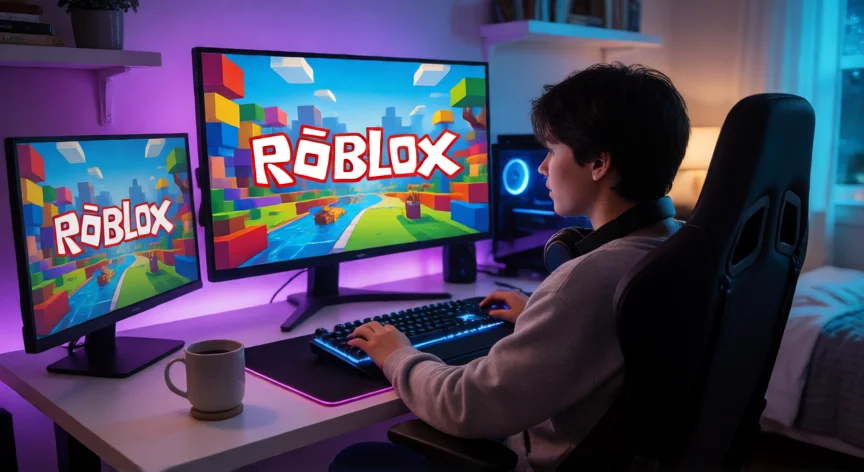 Persona jugando a Roblox en un setup gaming con iluminación RGB