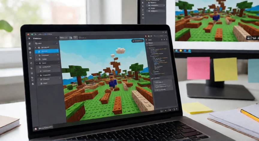 guia roblox larga, Pantalla de Roblox Studio con un mundo 3D en construcción y editor de scripts Luau