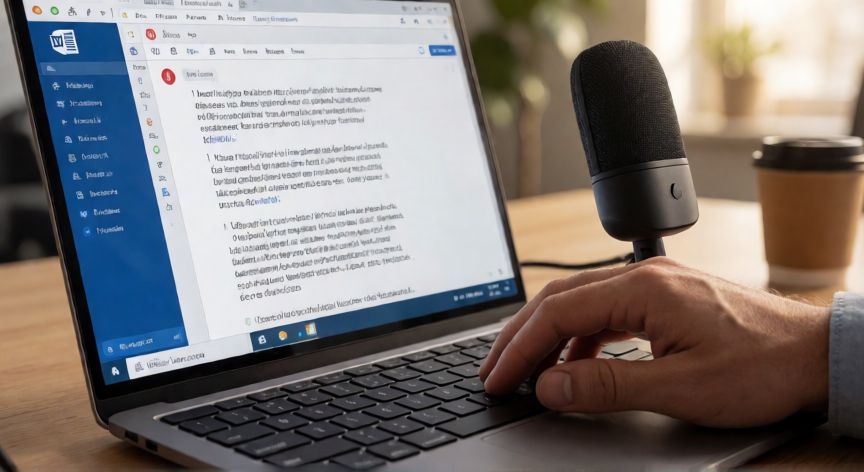hablar en word y que escriba, Persona usando la función de dictado por voz en Microsoft Word con un micrófono de escritorio