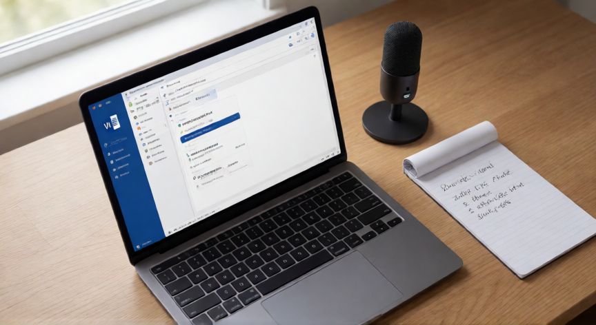 hablar en word y que escriba, Escritorio con portátil abierto en Word modo dictado y micrófono USB para transcripción por voz