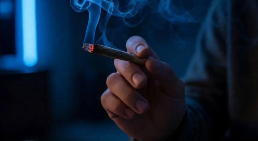 hay diferencia entre comer un brownie y fumar, Mano sosteniendo un papel encendido con humo difuminado en una habitación oscura con luz azulada