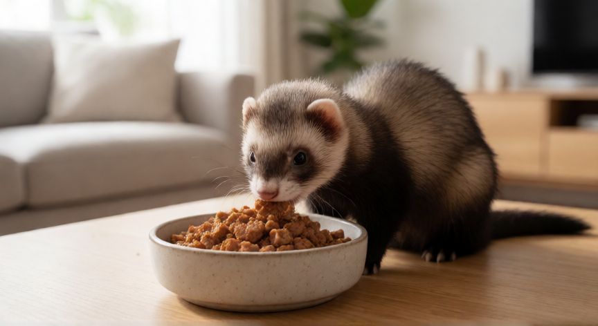 huron cuidados mascota, Hurón mascota comiendo alimento proteico en un comedero de cerámica