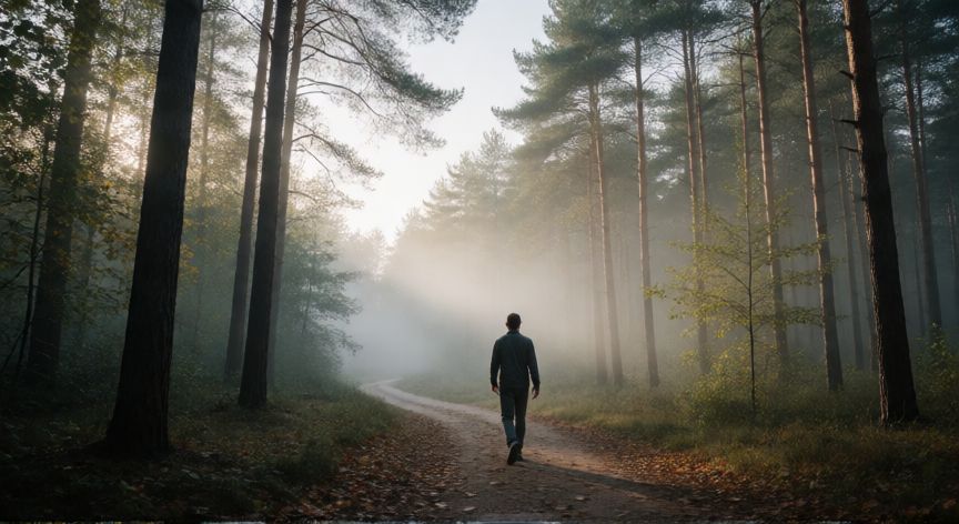 imagenes de es mejor andar solo que mal acompañado, Persona caminando sola por un sendero en el bosque con niebla suave
