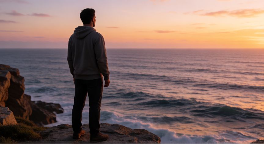 imagenes de es mejor andar solo que mal acompañado, Persona contemplando el mar desde un acantilado al atardecer