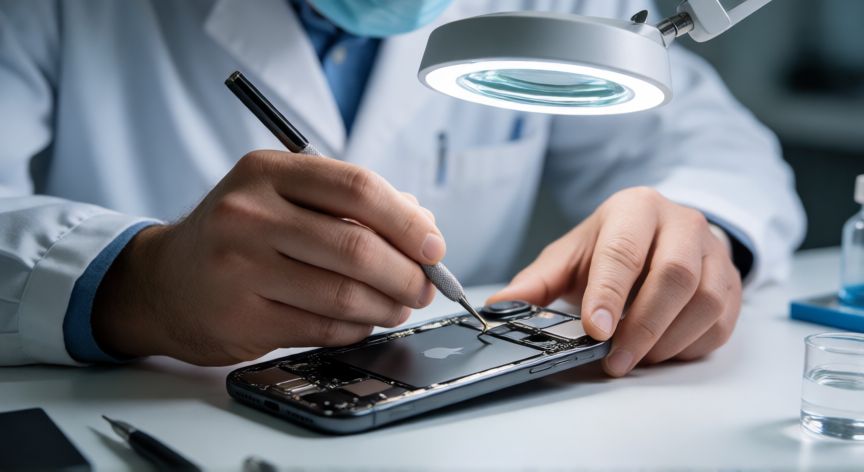 iphone que quiere decir reacondicionado, Técnico reparando un iPhone reacondicionado en taller profesional