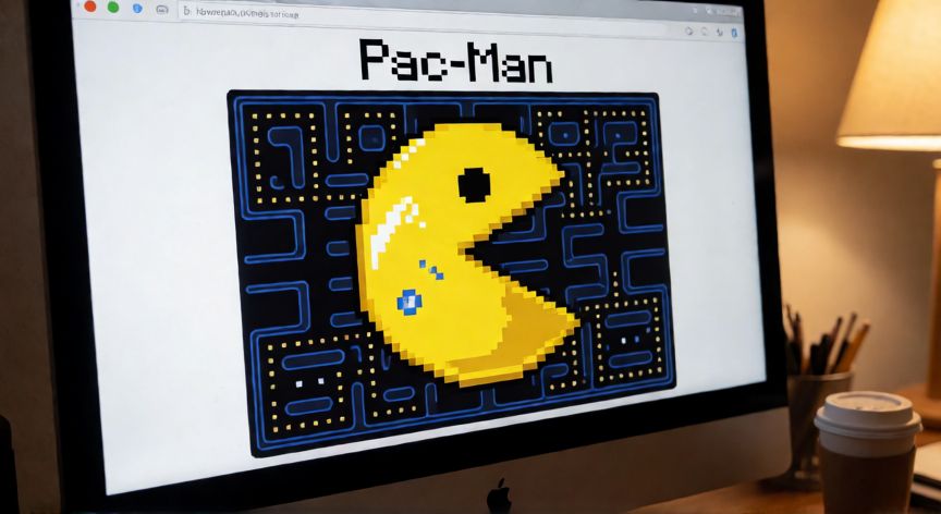 juegos por google, Pantalla de un ordenador mostrando el doodle interactivo de Pac-Man de Google en la página de inicio