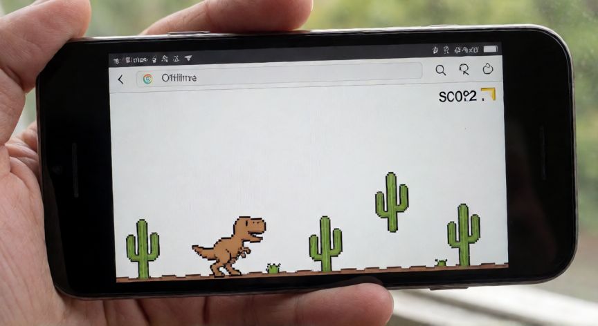 juegos por google, Móvil mostrando el juego del T-Rex de Chrome sin conexión a internet