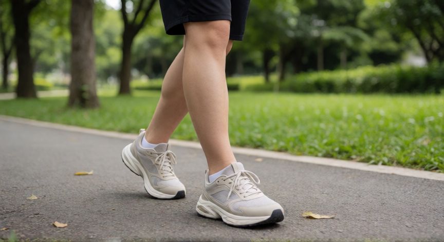 k es mejor correr o caminar, Primer plano de piernas caminando por un parque con calzado deportivo