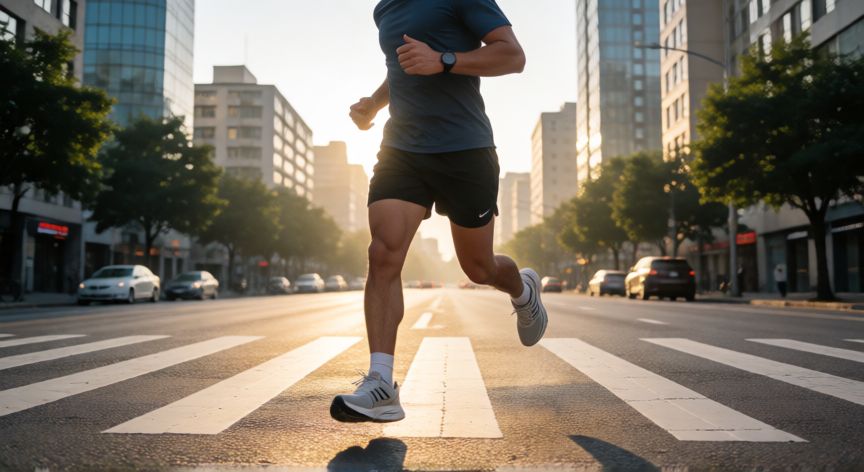 k es mejor correr o caminar, Corredor en movimiento por una calle urbana al amanecer mostrando fase de suspensión