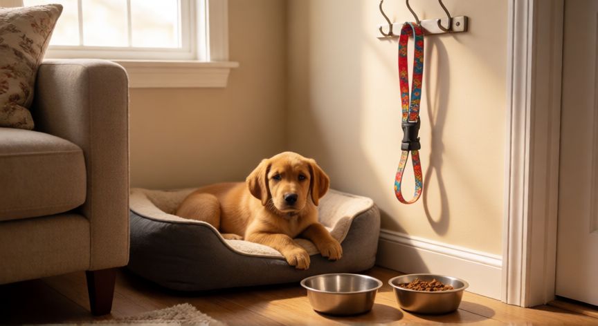 kit cuidados cachorro, Kit de accesorios básicos para cachorro con cama y cuencos