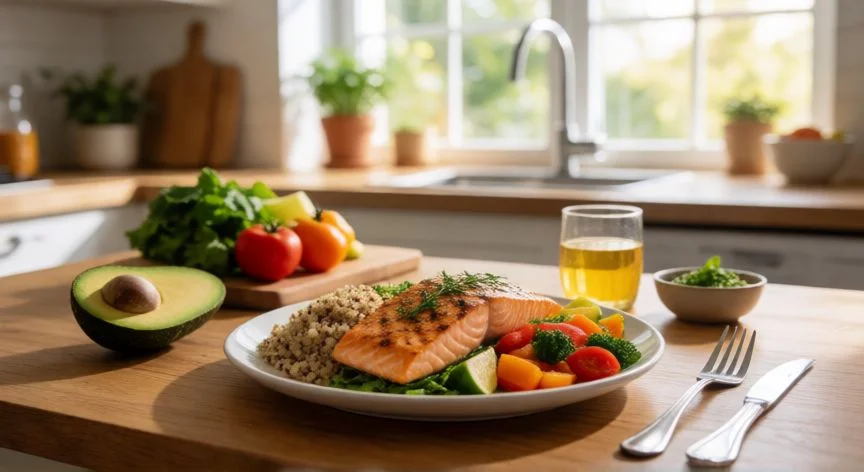 la diferencia entre comer y alimentarse, Familia cocinando junta en cocina doméstica con letrero sobre alimentación consciente
