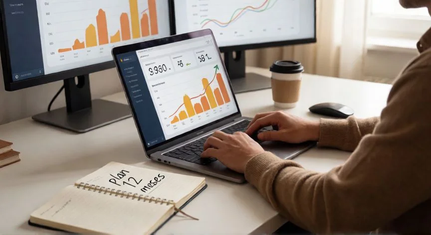 Persona trabajando en laptop con dashboard de ingresos en crecimiento en oficina en casa