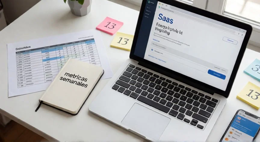 la mejor forma de ganar $5000 al mes online, Vista cenital de escritorio con métricas de negocio online y laptop abierta