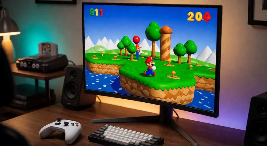 la mejor forma de jugar mario 64 en pc, PC con emulador N64 mostrando Mario 64 en pantalla con mando Xbox