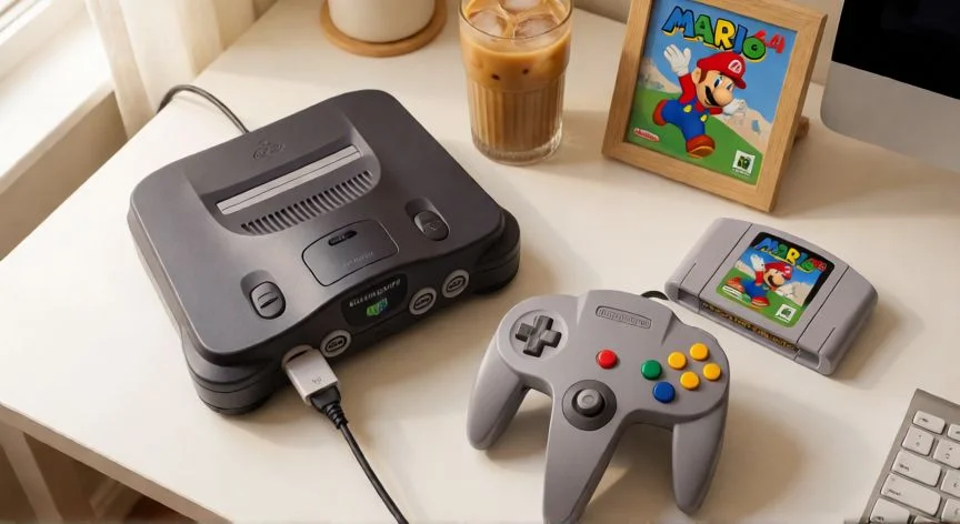 la mejor forma de jugar mario 64 en pc, Consola N64 original junto a mando moderno sobre escritorio