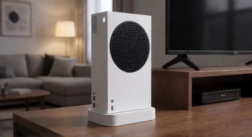la mejor forma de poner tu xbox series s, Xbox Series S en posición vertical sobre mesa de madera con espacio libre para ventilación