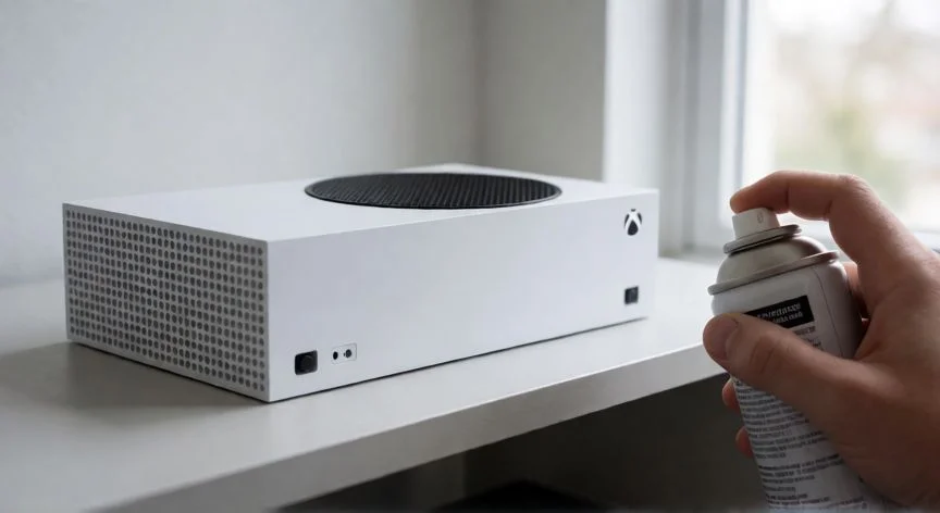 la mejor forma de poner tu xbox series s, Limpieza de rejillas de ventilación de Xbox Series S con aire comprimido