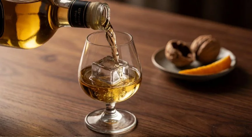 la mejor forma de tomar don julio 70, Don Julio 70 sirviéndose en copita snifter con cubo de hielo y naranja al fondo