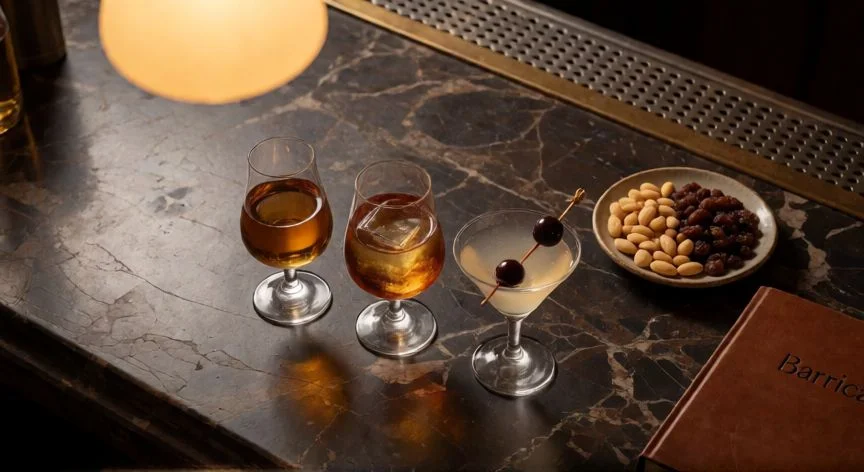 la mejor forma de tomar don julio 70, Tres copas con Don Julio 70 en distintos formatos sobre mármol con almendras marcona