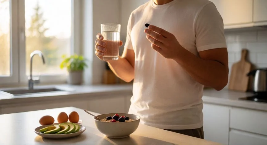 la mejor forma de tomar lipo 6 black, Hombre tomando Lipo 6 Black con agua antes del desayuno en una cocina iluminada