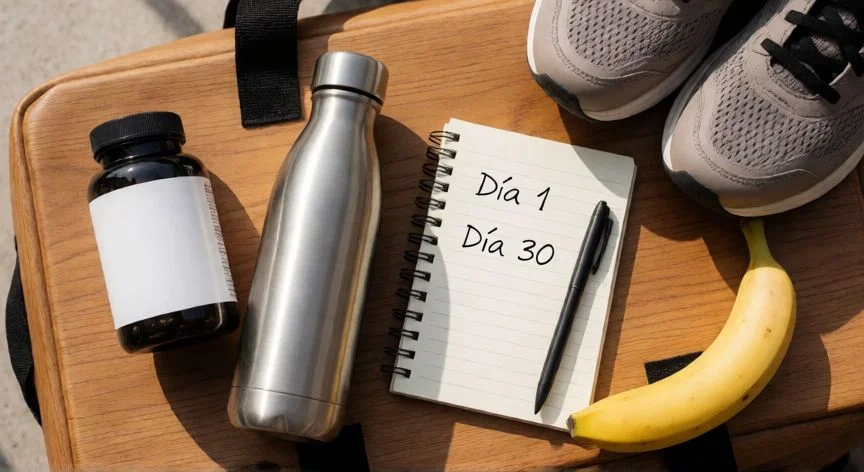 la mejor forma de tomar lipo 6 black, Bote de Lipo 6 Black junto a botella de agua y libreta de registro sobre una bolsa deportiva