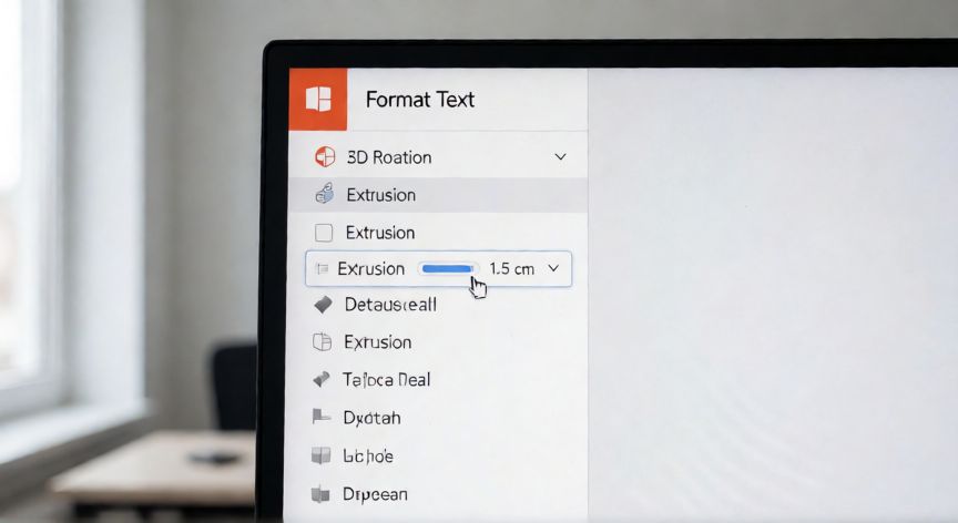 letras en 3d powerpoint, Panel de Formato de texto de PowerPoint con las opciones de Rotación 3D y Extrusión visibles