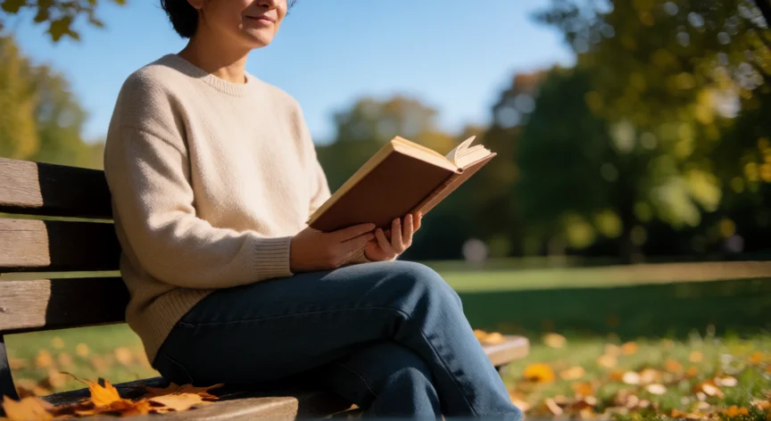libro consejos para ser feliz, Persona leyendo un libro de bienestar en un parque soleado