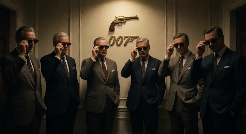 los actores que hicieron 007, Seis actores de James Bond en esmoquin frente al emblema 007