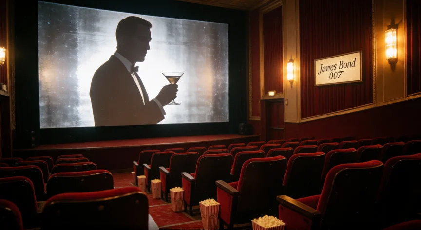 los actores que hicieron 007, Cine vintage con la silueta de James Bond proyectada en pantalla