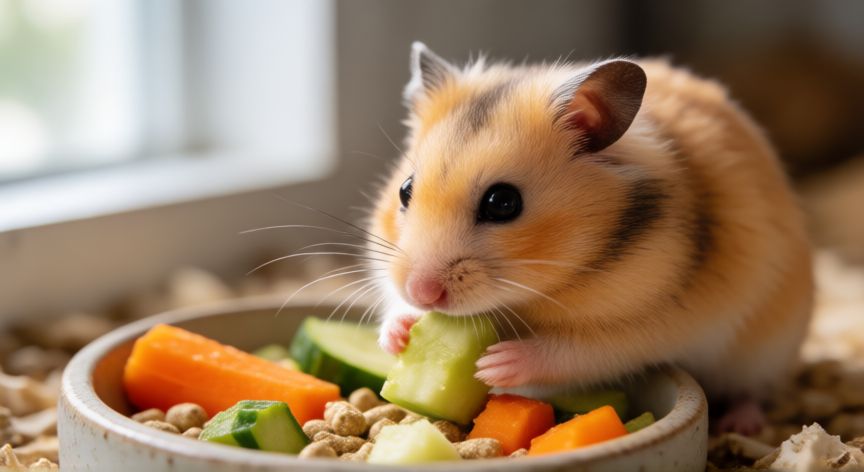 mascota hamster cuidados, Hamster dorado comiendo su comida balanceada en su jaula