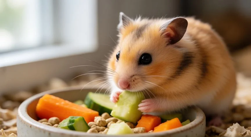 Hamster dorado comiendo su comida balanceada en su jaula